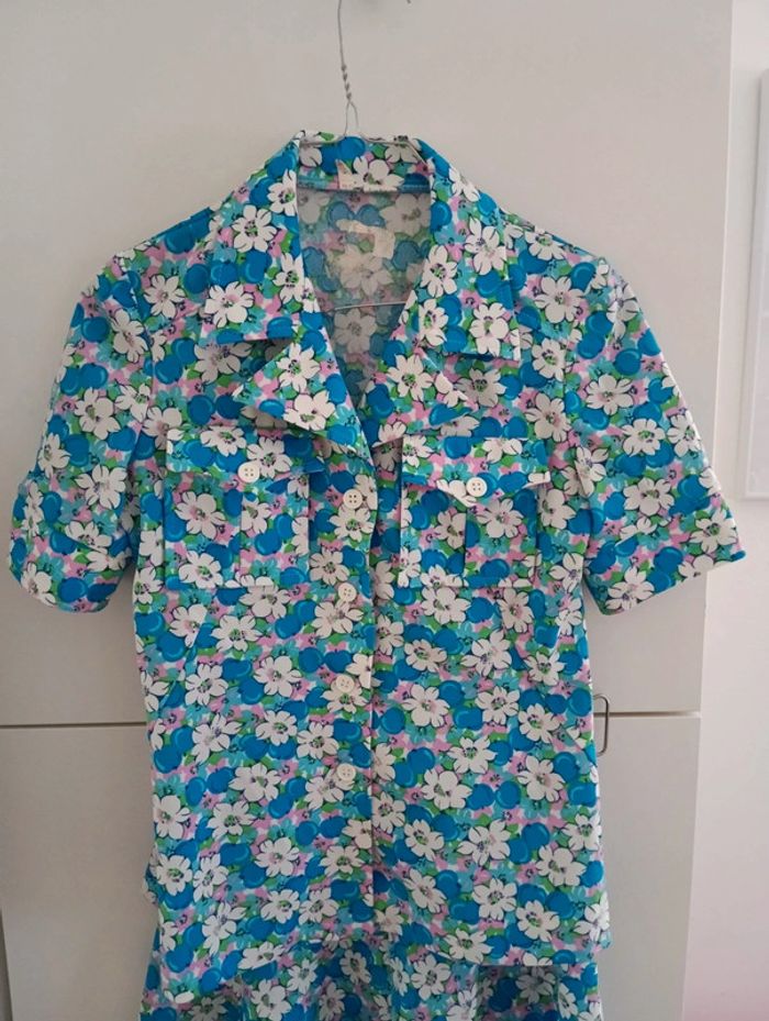 Magnifique Ensemble vintage 70's bleu fleurs roses /blanches taille 34 - photo numéro 12