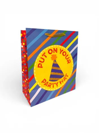 Sac cadeau motif chapeau « Mets ton chapeau de fête » Voila – 25 × 30 × 12,5 cm Neuf