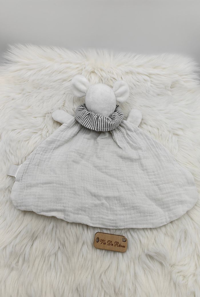 Doudou Lange semi plat Souris Blanc col rayé gris Zara Home - photo numéro 4