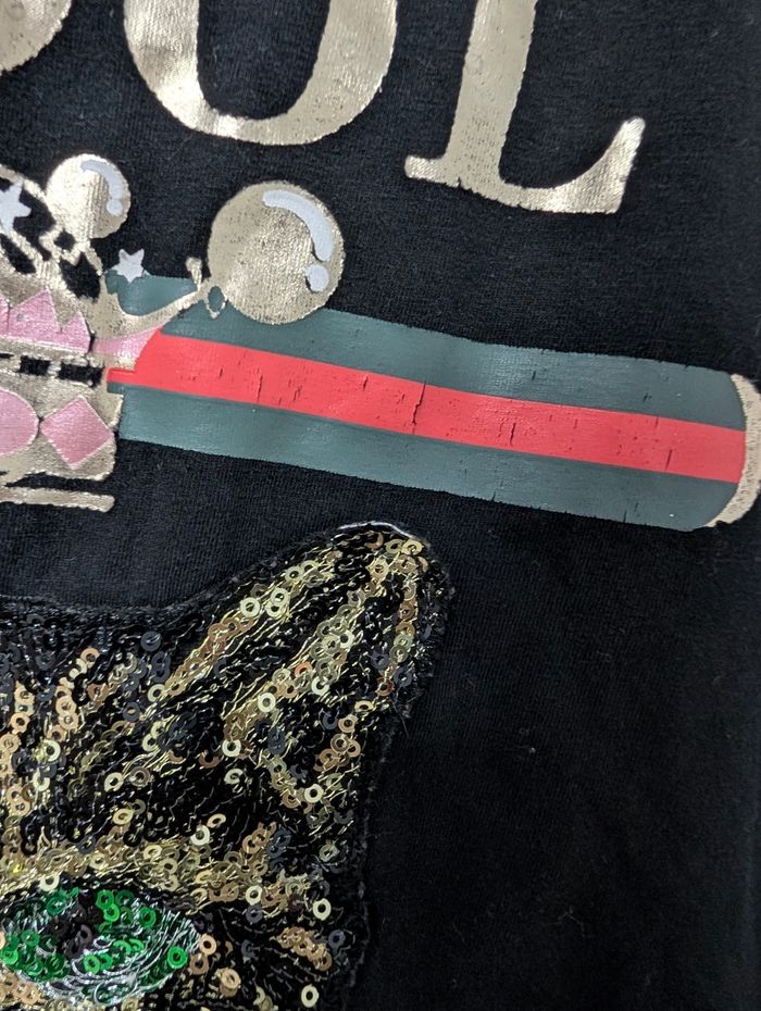 🌸 Femme 🌸 T-shirt noir motif chat sequins – Taille XL Bon état – dessin légèrement craquelé - photo numéro 5