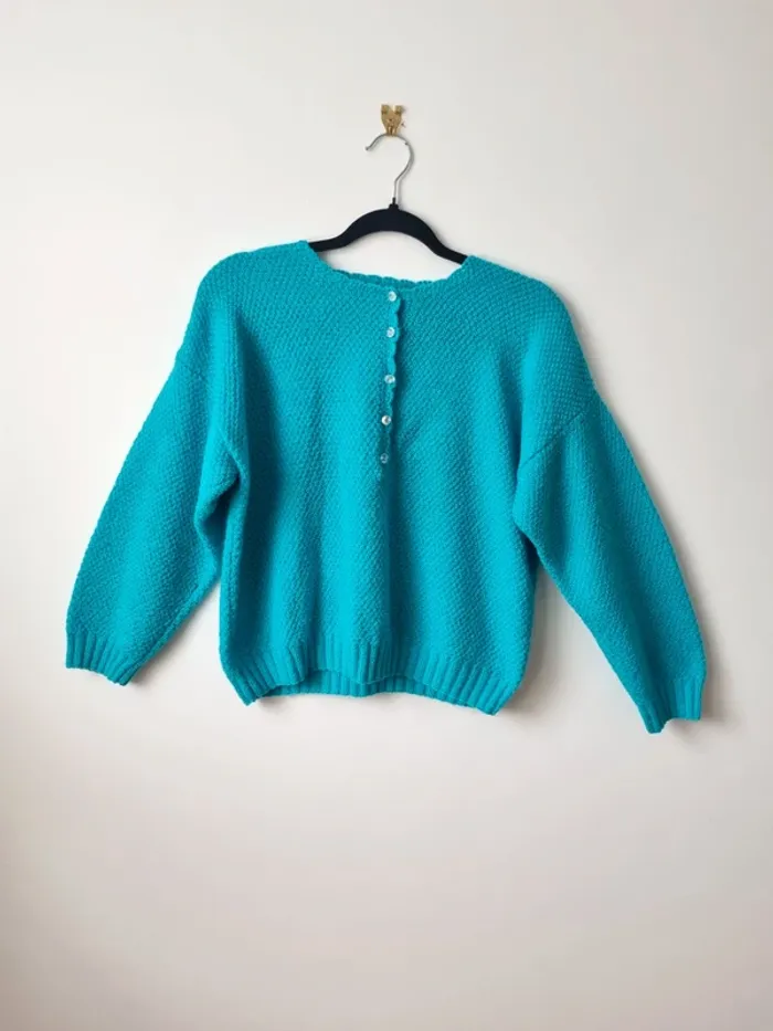 Pull turquoise tricoté vintage - photo numéro 15