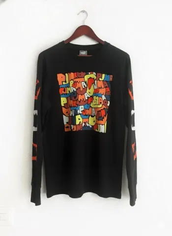 T-shirt vintage Puma à manches longues, entièrement noir, grand logo