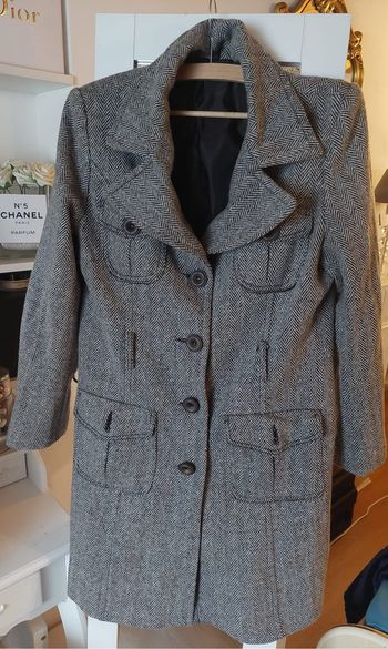 Manteau long vintage noir/gris à chevrons T40 BE 🧥