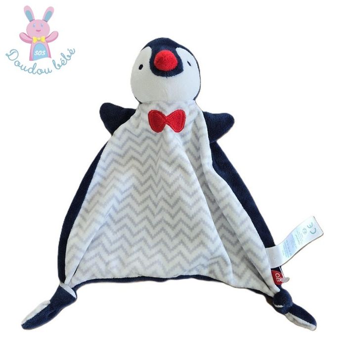 Doudou plat Pingouin blanc marine zig zag gris OBAIBI