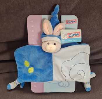 Doudou Lapin carré plat bleu- Feuilles vertes - Gipsy