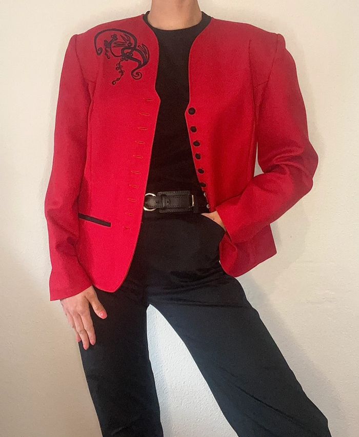 Blazer vintage et oversize rouge foncé avec broderie noir - photo numéro 5