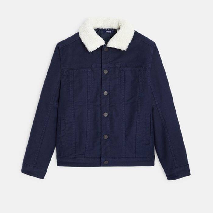 Blouson en toile doublée et col fourrure bleu garçon 8 ans