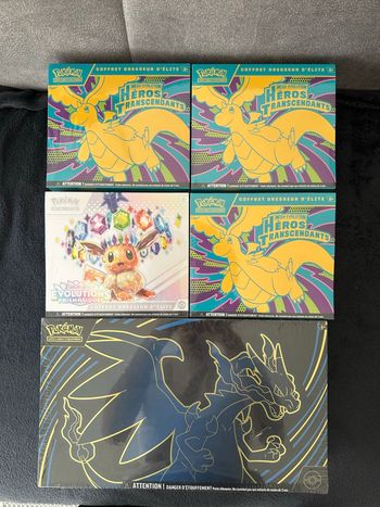 Etb Évolution prismatique EV8.5 et Héros transcendant ME2.5 et UPC Flamme fantasmagorique dracaufeu ex