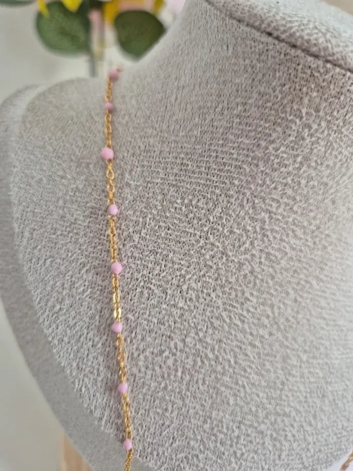 Parure de 2 bijoux : en acier inoxydable collier long et bracelet perles rose clair - photo numéro 3
