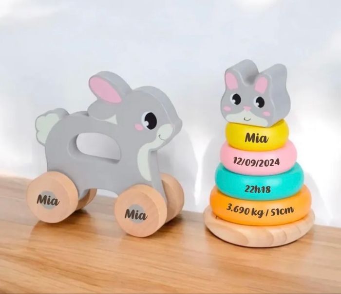 Ensemble jouets en bois personnalisés – Tour à empiler & animal à tirer – Cadeau de naissance gravé - photo numéro 2