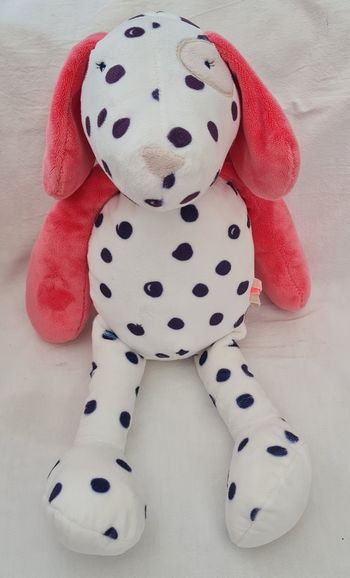 Doudou peluche chien Dalmatien blanc à pois et rose 37 cm - Noukies