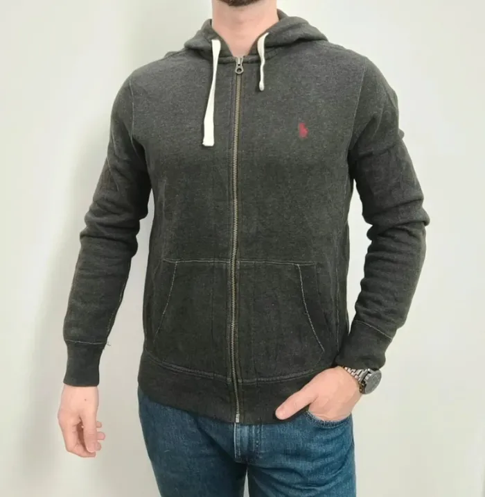 Sweat capuche homme Ralph Lauren zippé taille M gris foncé logo bordeau - tâche javel