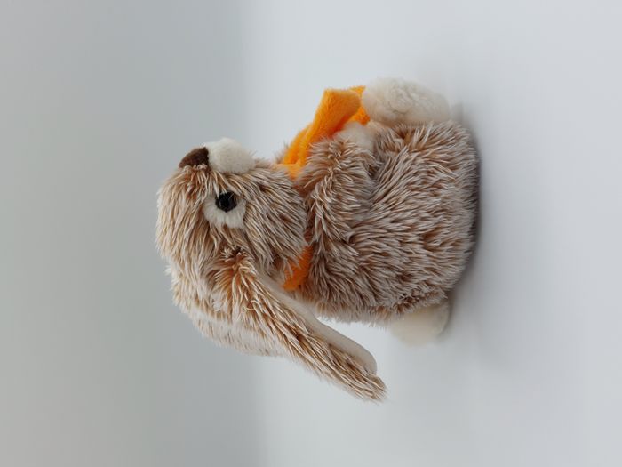 Peluche doudou lapin marron chiné blanc LASCAR écharpe orange flocon 18 cm - photo numéro 2