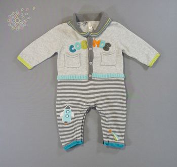 Combinaison longue tricot fin gris bleu vert orange rayures Orchestra 1 mois 54 cm garçon