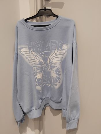 Pull bleu et papillon blanc