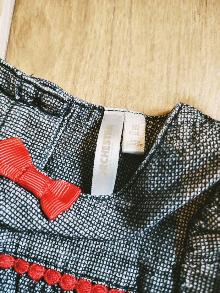 👗Orchestra - Robe à manches longues gris chiné liseré et noeud rouge Taille 6 mois - photo numéro 4