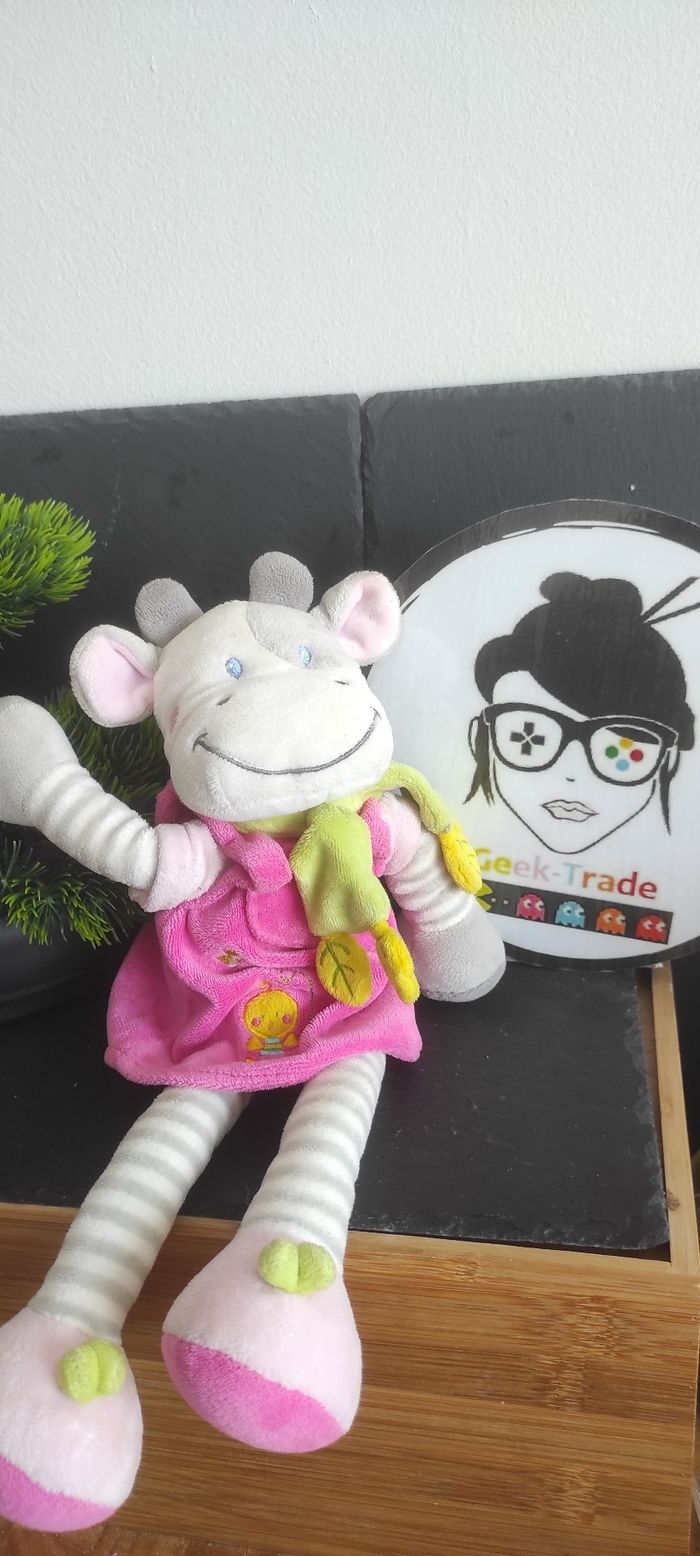 Doudou vache robe rose gris rayé Écharpe vert peluche nicotoy Blanc Poussin