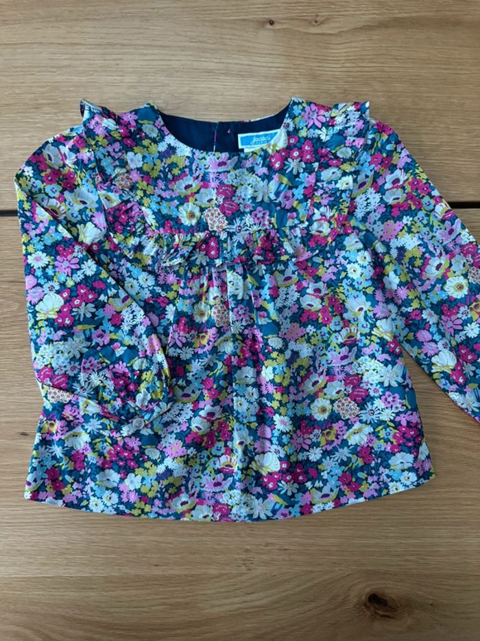 Blouse ML tissu liberty Thorpe, tons rose fushia/bleu/blanc/vert - Taille 3 Ans - photo numéro 2