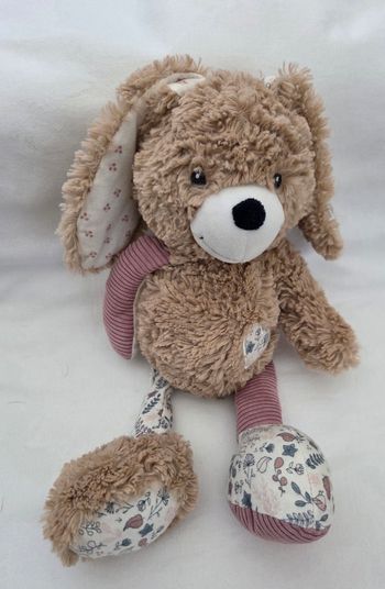 Doudou peluche Lapin beige ,mauve et blanc- Coeur -35 cm - Tape à l'œil