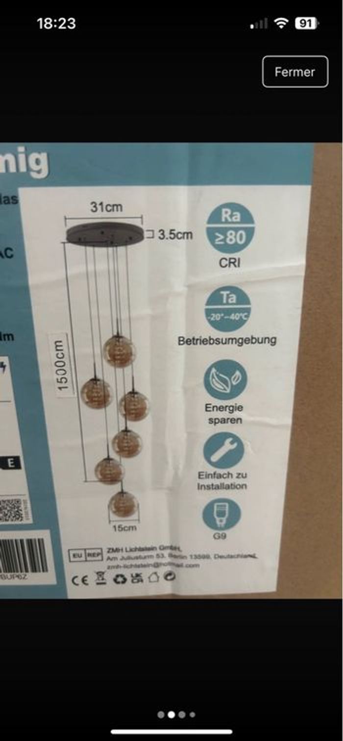 Suspension moderne à 6 boules en verre ambré - Neuve dans sa boîte - photo numéro 2