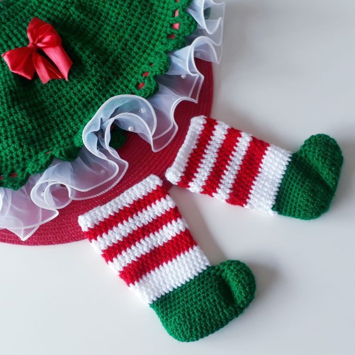 Vêtement bébé fille lutin Noël robe crochet dentelle noeud satin rouge - photo numéro 4