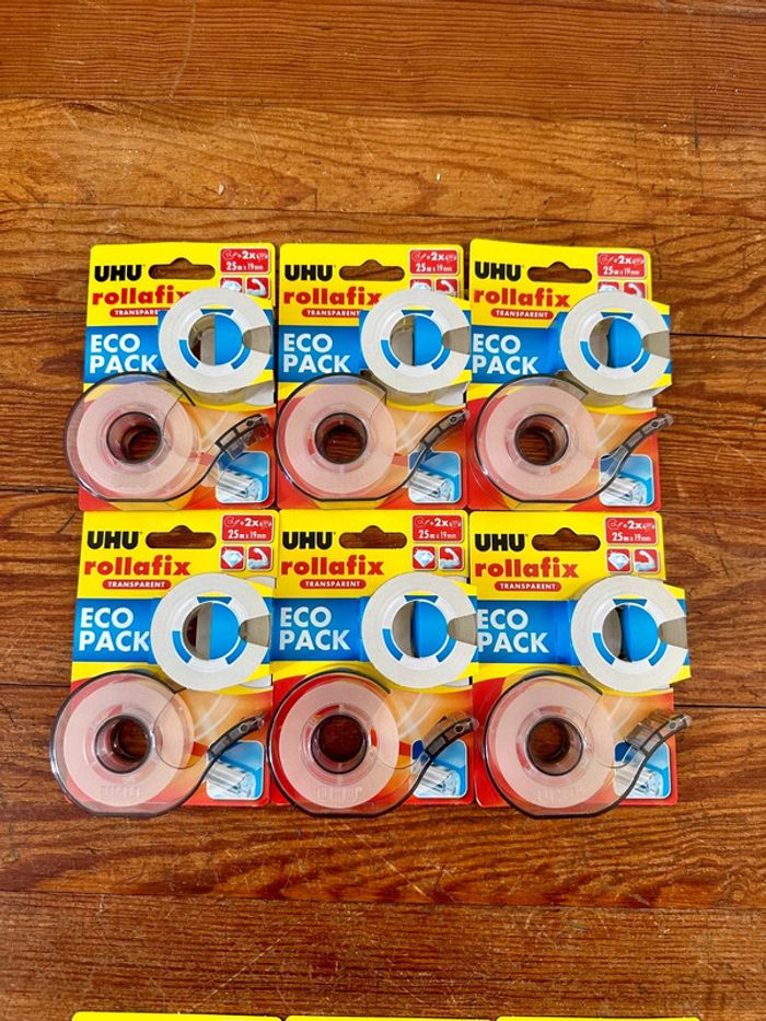 Lot de 6 dévidoirs 12 rouleaux de scotch ruban adhésif UHU rollafix transparent 25m