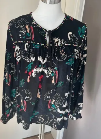 Bel air blouse bohème, chic, imprimé ethnique, 100 % soie femme, taille 2/38
