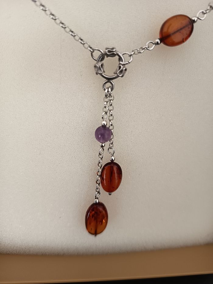 Collier argent ambre et améthyste. - photo numéro 3