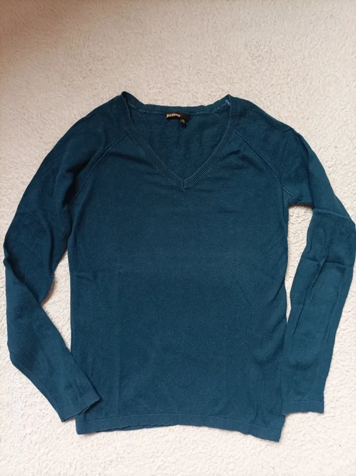 Pull fin col V bleu pétrole taille 34/xs - photo numéro 2