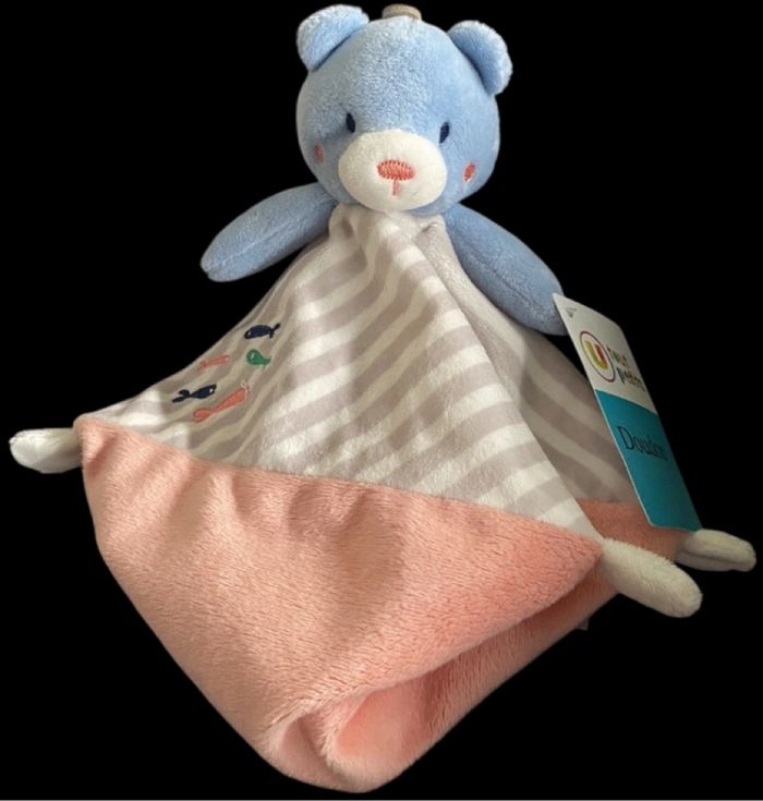 ❤️B2445 Doudou Plat Ours Bleu Blanc Rayé Gris Rose Poissons Super U Tout Petits - photo numéro 2