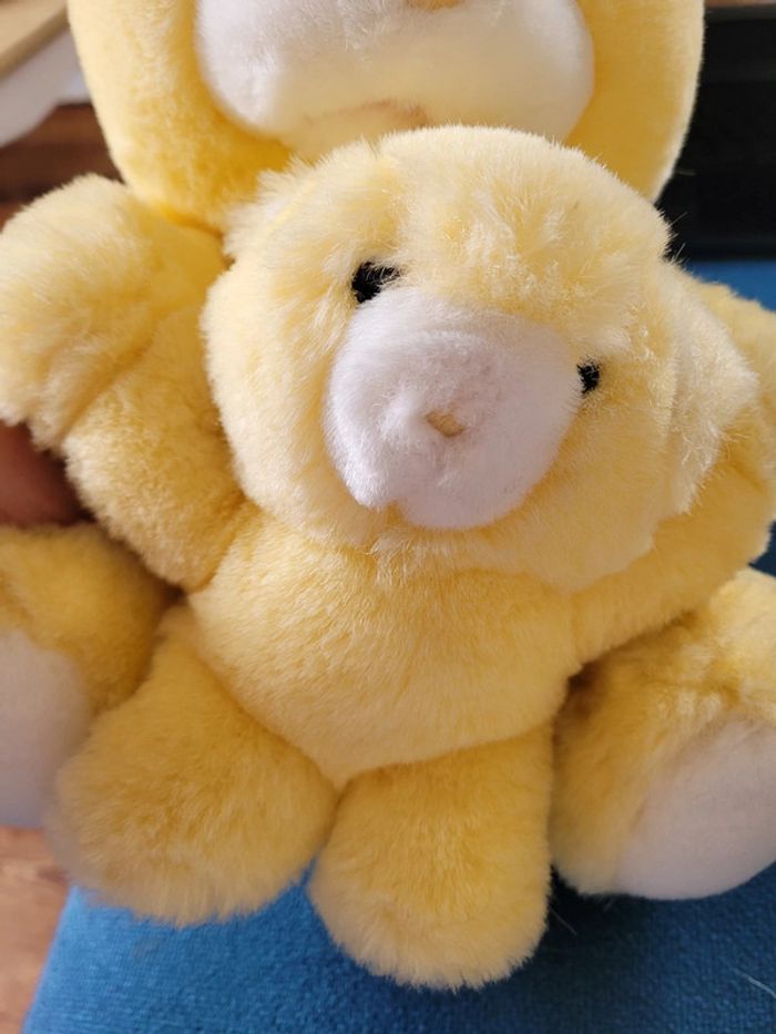 RARE Grand Ours et Ourson bébé Boulgom jaune hochet grelot (qui fonctionne) 28cm collection - photo numéro 3