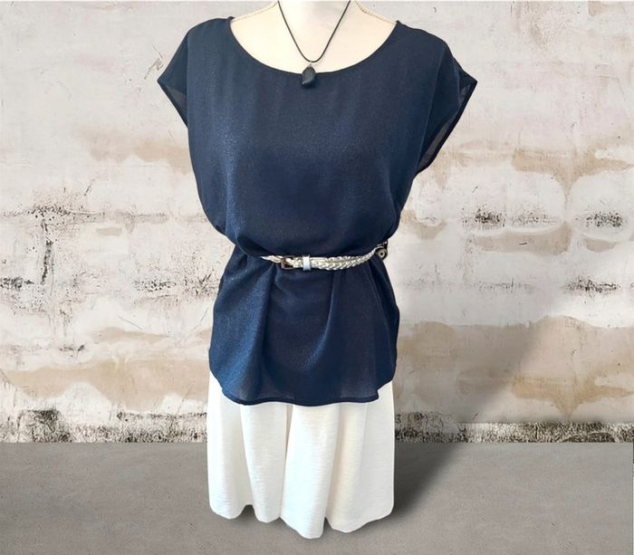 Blouse fluide chic bleu marine pailletée taille L