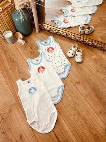 Taille 6 mois lot de 3 bodies sans manche garçon Petit Bateau bleu clair et blanc 💙