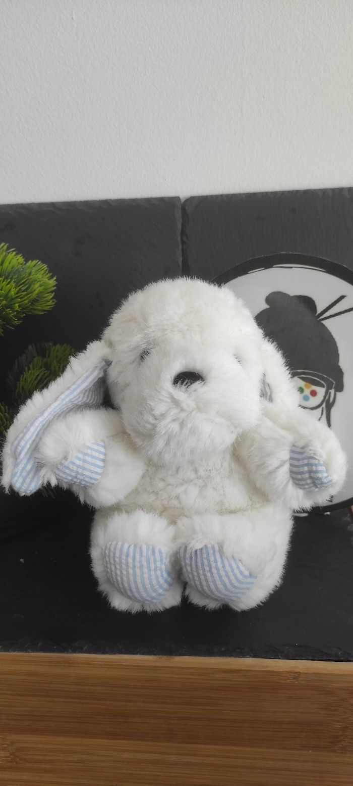 doudou peluche ancien vintage Lapin Chien Blanc Bleu Rayé Rayure Ruban Satin
