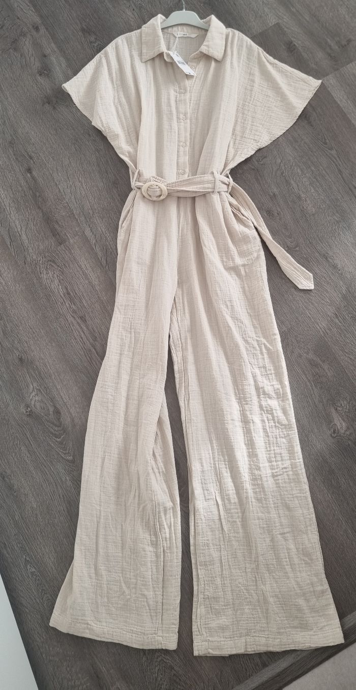Combinaison pantalon beige gaze de coton mango L neuf avec étiquette - photo numéro 1