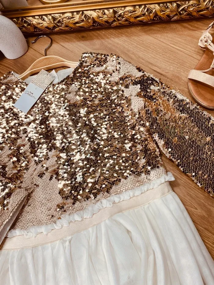 Taille 10 ans Robe longue créateur fille TAO blanche doré * tulle sequins réversibles * 🌺 - photo numéro 3