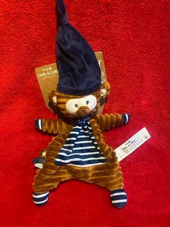 Tao tape à l'œil doudou singe bonnet bleu gauffré marron 100 % Neuf 