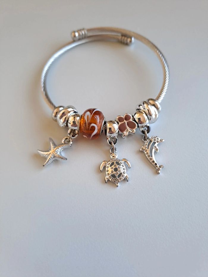 Bracelet acier réglable perles dauphin tortue étoile mer - photo numéro 2