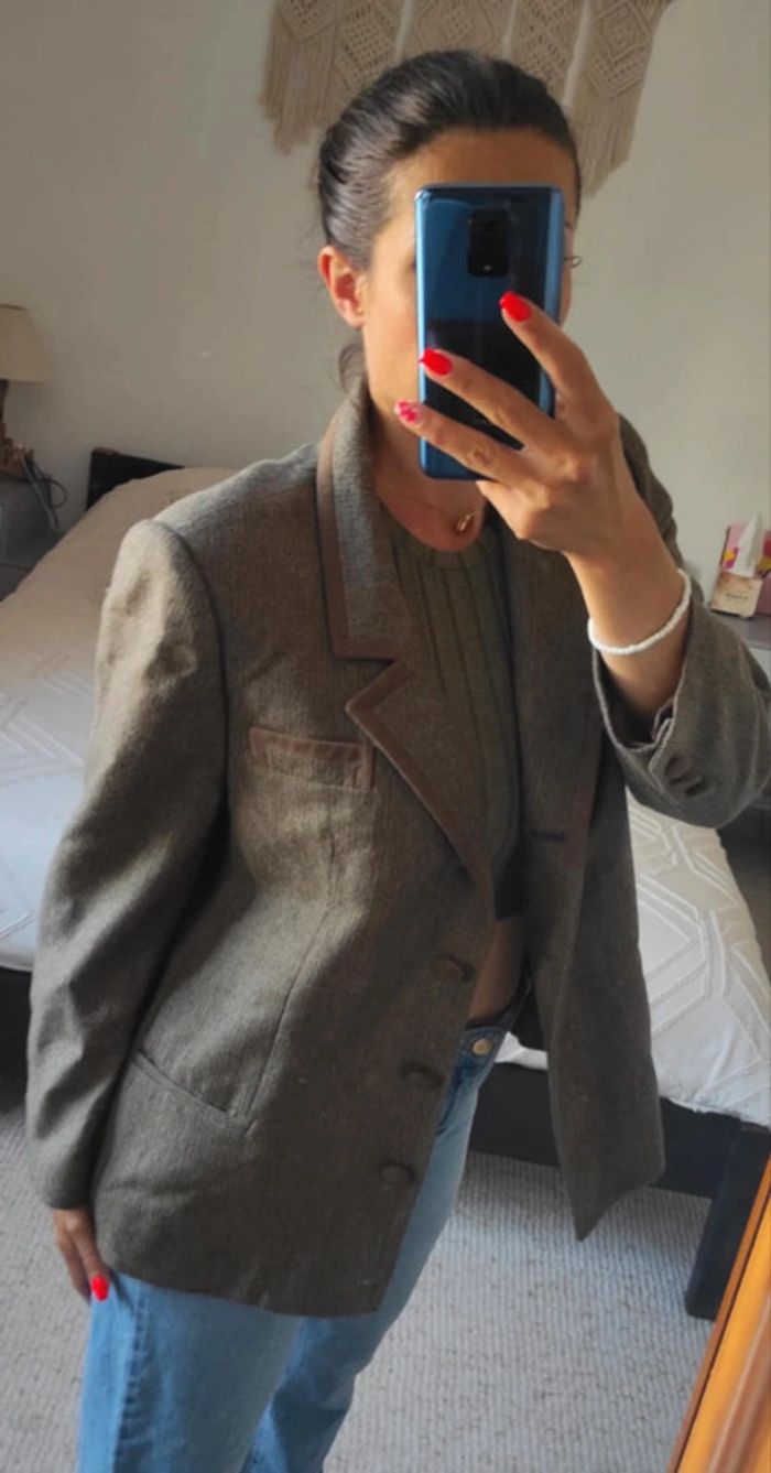 Veste Blazer Perel Paris 100% laine XL Vintage oversize beige marron made in France - photo numéro 2