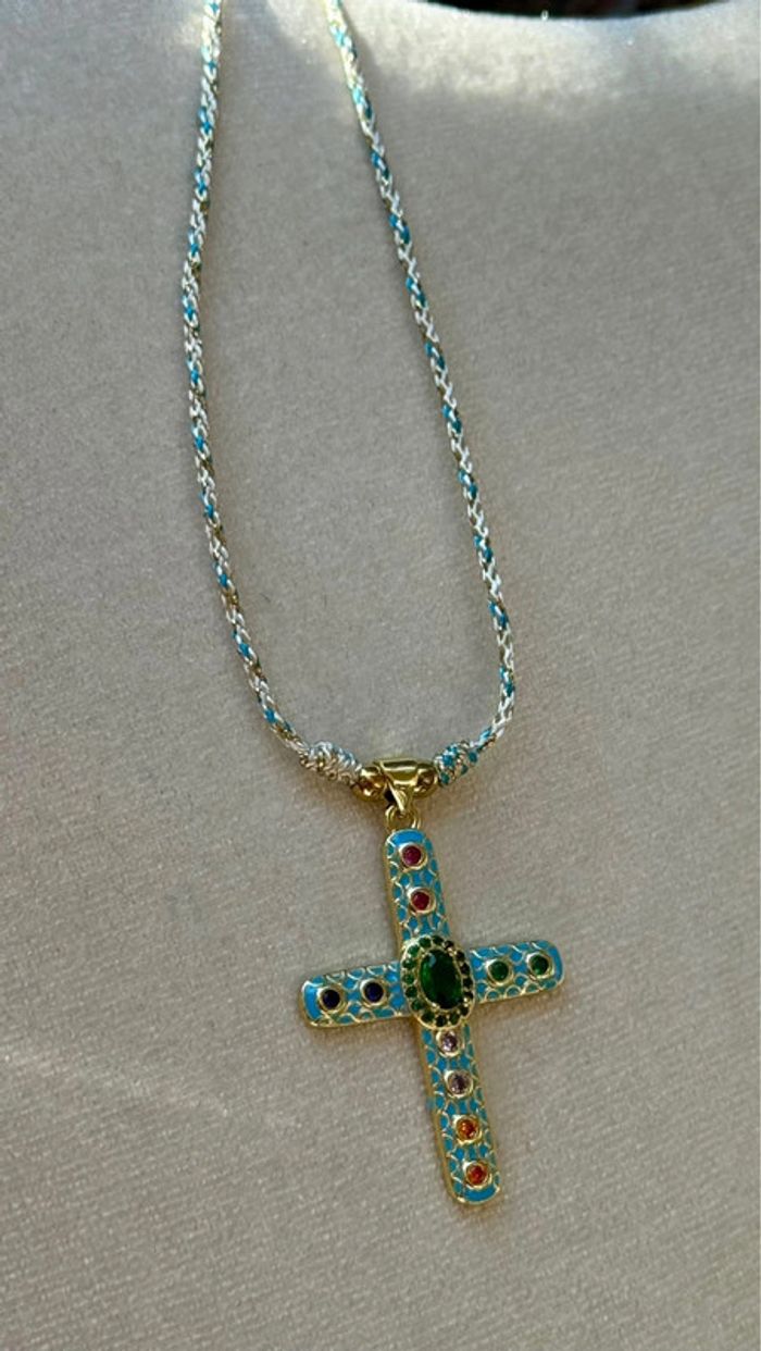 Collier cordons tressé croix xl acier inoxydable or résine turquoise cristaux habaha Paris - photo numéro 5