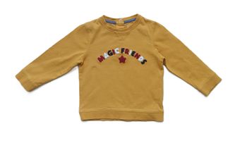 T-shirt jaune moutarde à manches longues. Kiabi. Coton bio. Taille 24 mois