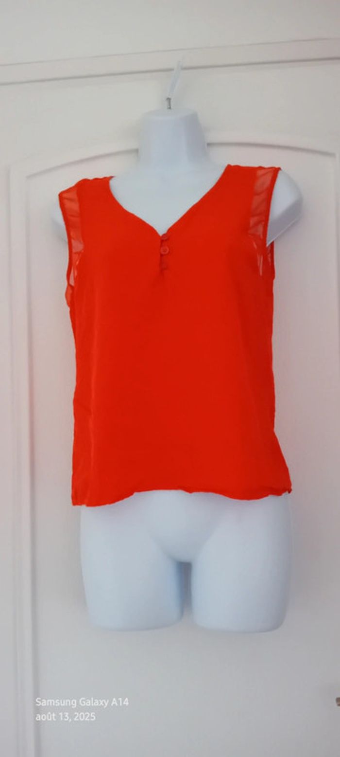 Blouse sans manches bimatiere col V boutonné gaufré orange femme 38 naf naf - photo numéro 9