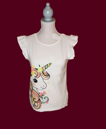 T shirt blanc manches froufrous motif licorne pailleté C&A taille 10 ans