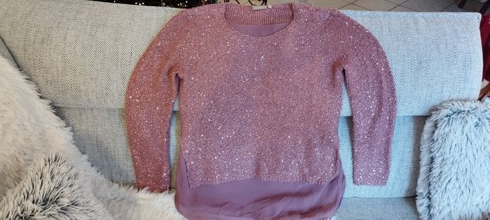 Tunique, haut à manches longues avec sequins couleur vieux rose avec doublure. Canda Premium C&A. Très bon état. Taille L - photo numéro 3