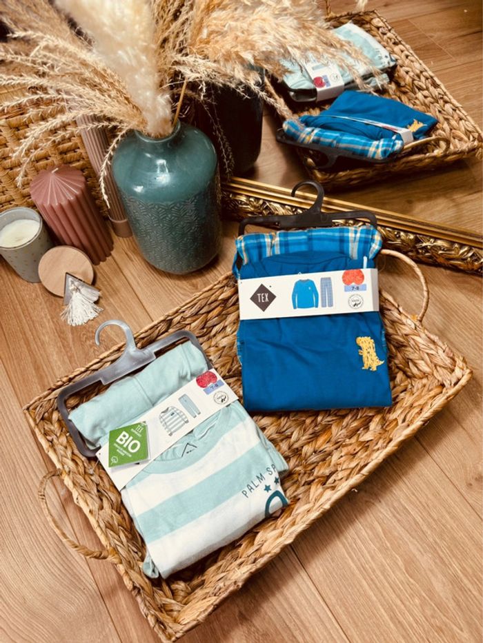 Taille 8 ans lot de 2 pyjamas 2 pièces coton fin et flanelle garçon Tex bleu menthe Neufs 💙
