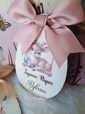Œuf de Pâques personnalisé en bois | Décoration Pâques à suspendre | Étiquette prénom pour panier