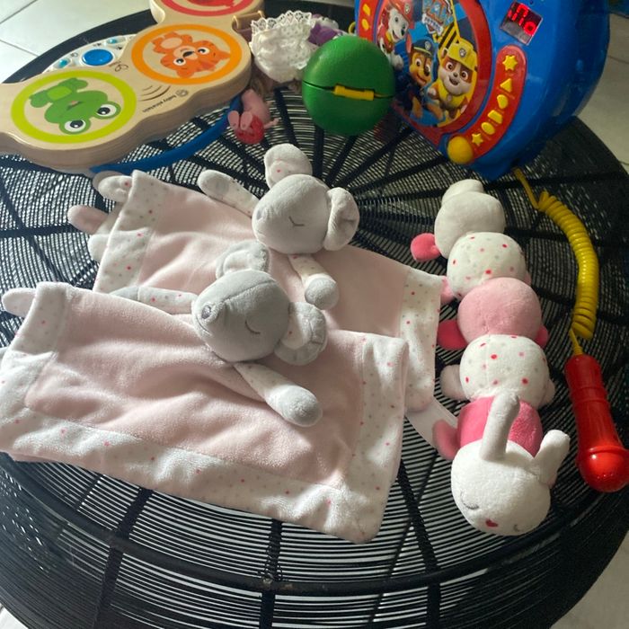 2 doudous de secours identiques rose et gris