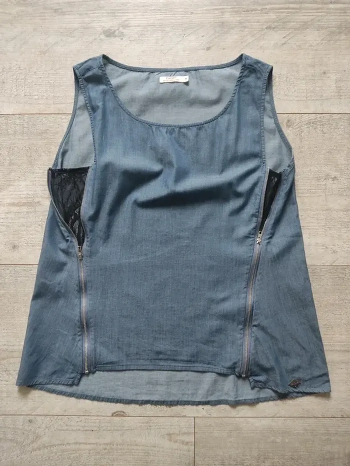 Blouse sans manches tissu impression jeans côté dentelle noire avec zips taille M DDP - photo numéro 7