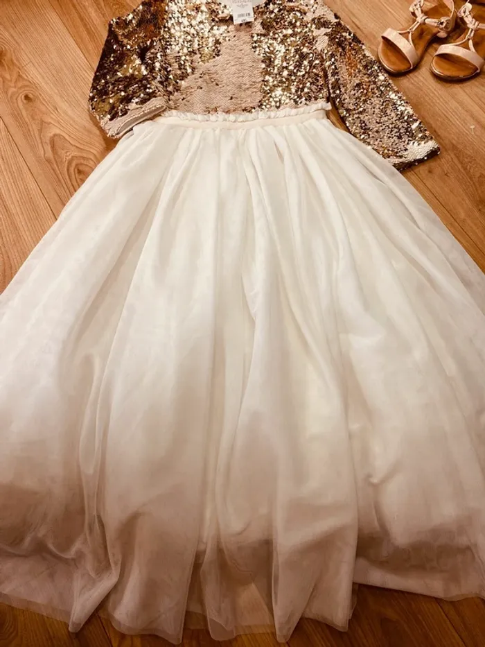 Taille 10 ans Robe longue créateur fille TAO blanche doré * tulle sequins réversibles * 🌺 - photo numéro 5