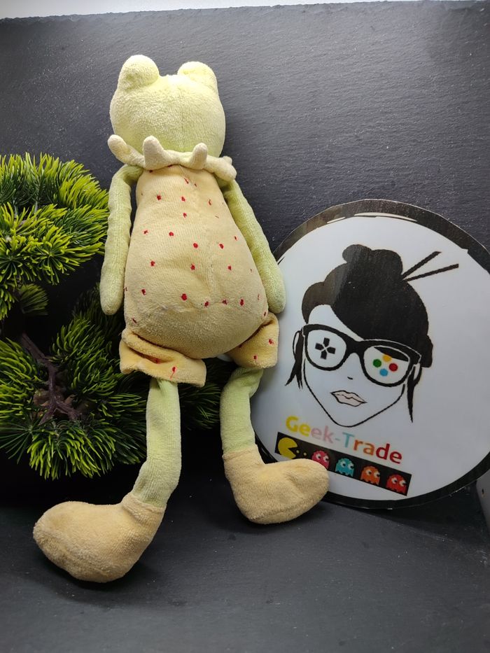 doudou peluche musical grenouille vert orange rouge salopette fleur Poche Pois - photo numéro 2